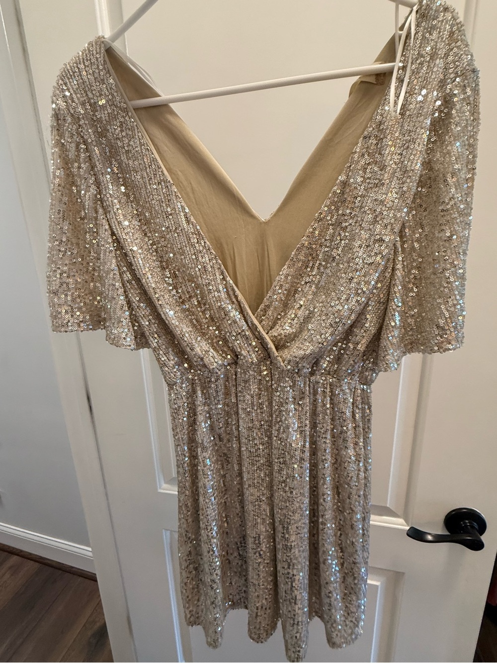 Altar'd State Champagne Sequin V-Neck Flutter Sleeve Dress